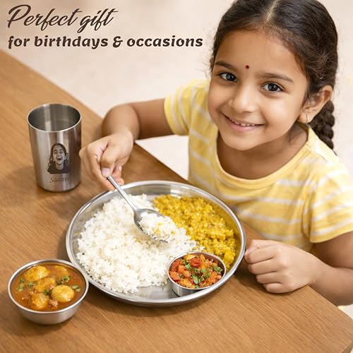 Savri Personalized Stainless Steel Dinner Set for Kids –Custom Laser Photo Printed Plate, Bowl,Glass & Spoon with Name & Cartoon Design | 5-Piece Kids Meal Set | Birthday, Return & Daily Gift (Silver)