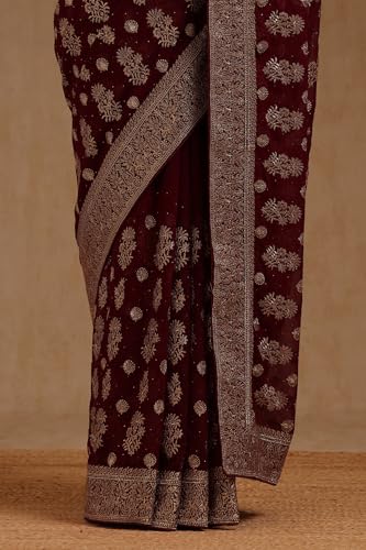 Soch Womens Wine Georgette Embroidered Saree With Stone Work