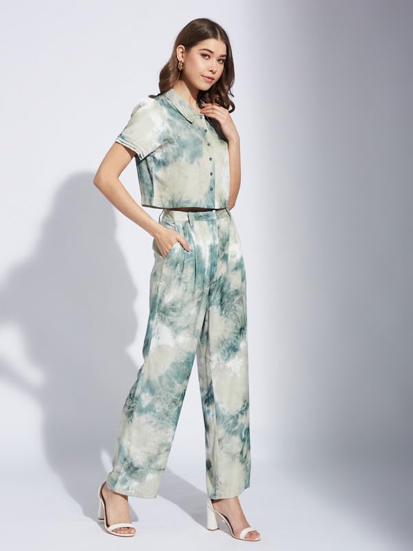 Latin Quarters Women Green Collar Neck Half Sleeve Printed Casual Shirt Blouse_M