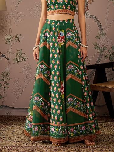 Green Multi Floral Crop Top With Anarkali Skirt & Shrug