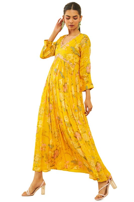 Soch Womens Yellow Chinon Floral Printed Ethnic Dress with Mirror Work