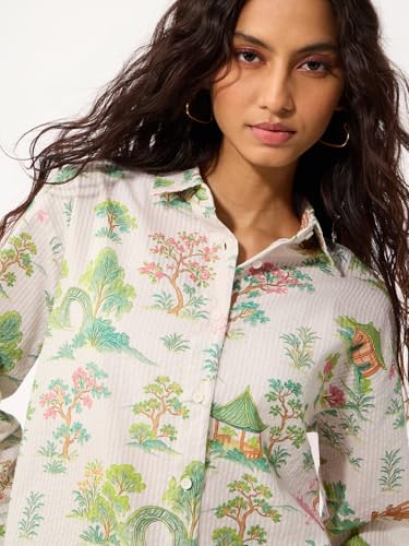 The Souled Store Kaleidoscope Women and Girls Long Sleeves Spread Collar White Scenic Landscape Printed Cotton Oversized Fit Lightweight All-Season Shirt