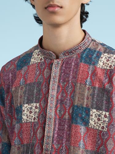 DIWAS BY MANYAVAR Men's Art Silk Printed Festive Kurta Set (2pc) (Maroon, M)