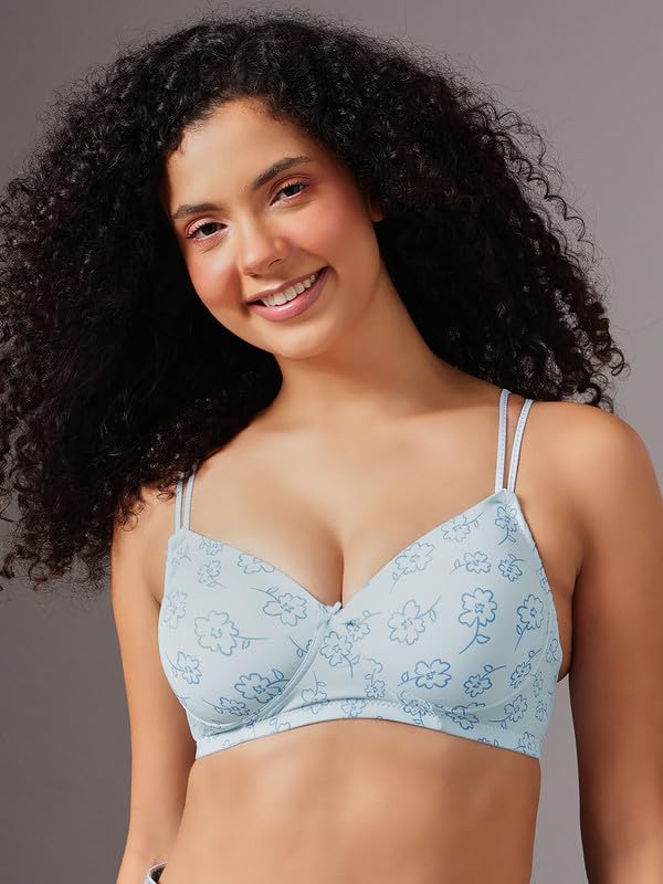 Clovia Women's Printed Non-Wire Padded Full Coverage T-Shirt Bra (BR1067F03_32D_Blue)