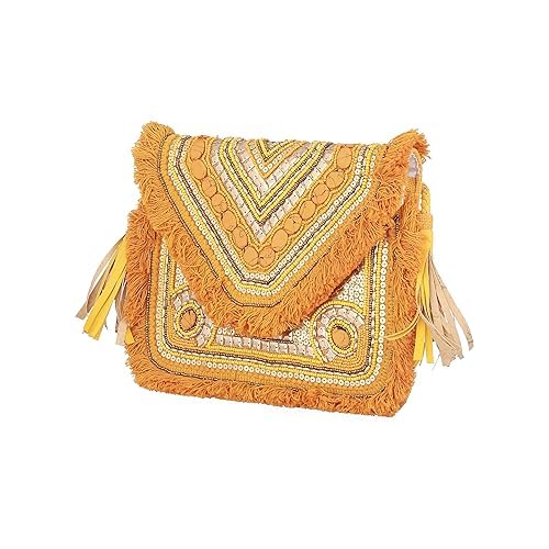 BAGUZZI Jute Coin Embellished Handmade Sling Bag for Women - Stylish, Trendy, Antique, Casual Crossbody Bag with Detachable Chain, Magnetic Closure,Mustard