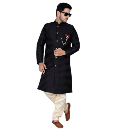 XEPON Mens Traditional Ethnic Wear Black Sherwani & Pajama Set (Black, L Size)