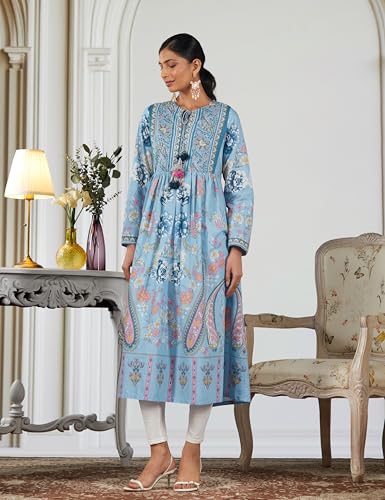 Biba Women Dull Blue Cotton Flared Printed Kurta_38
