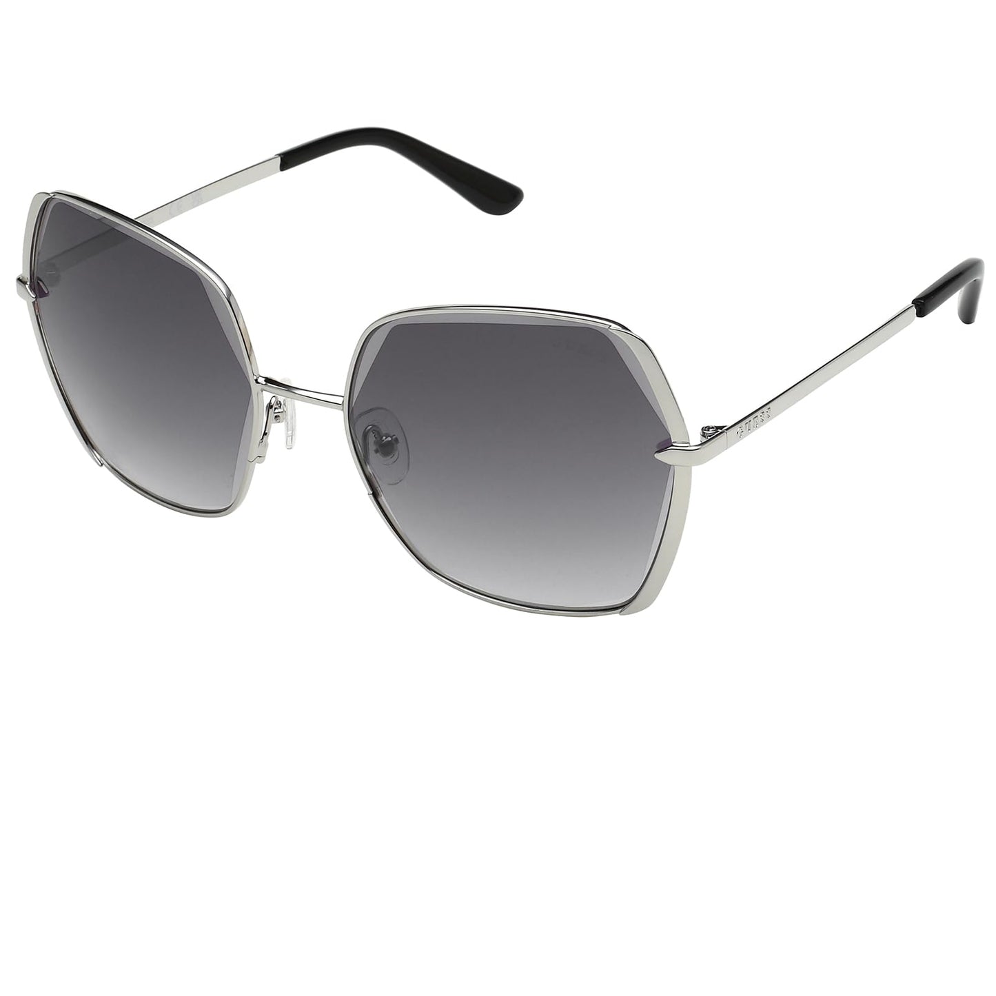 GUESS Women's Non-Polarized Hexagonal Sunglasses, Shiny Light Nickel Tin, 60, Grey, Large