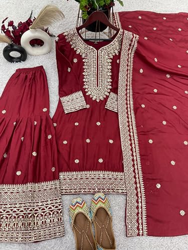 Brulry Women's Red Embroidered Chinnon Silk Kurta with Palazzo & With Dupatta