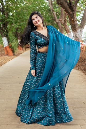 essaySumedha Agrawal Organza Satin Organza Santoon Floral Lehenga for Women (Size: XXL, Teal)
