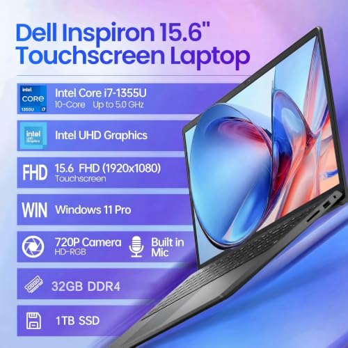 Dell 15 Business Touchscreen Laptop–Intel Core i7-1355U (10-Core), 32GB RAM, 1TB SSD Windows 11 Pro, Office 365 for the Web –15.6" FHD Touch, AI Copilot –2026 New Computer
