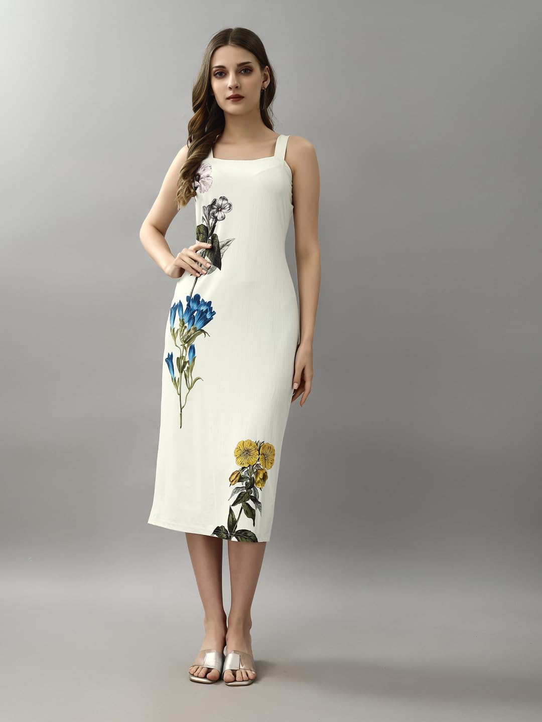 Attire Empire Women White Floral Print Split Hem Back Cami Dress