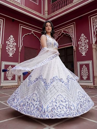 Zeel Clothing Women's Sequins Thread Embroidered Satin Designer Lehenga Choli With Dupatta (7079-White-Women-Lehenga-Choli-Set; Free Size)