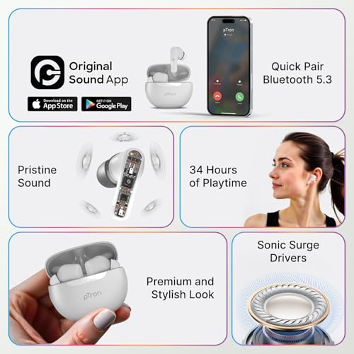 pTron Bassbuds Astra in-Ear TWS Earbuds w/Stereo Sound, 34Hrs Playtime, Stereo Calls, Custom EQ, Mobile App, BTv5.3 Headphones, Touch Control, Voice Assistant, Type C Charging & IPX4 (White)
