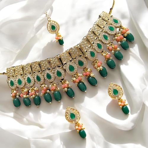 ACCESSHER Gold-Tone Green Stone Choker With Maangtikka And Earrings With a Pair of Transparent Earring & Maangtikka Supporter Patch | For Women & Girls