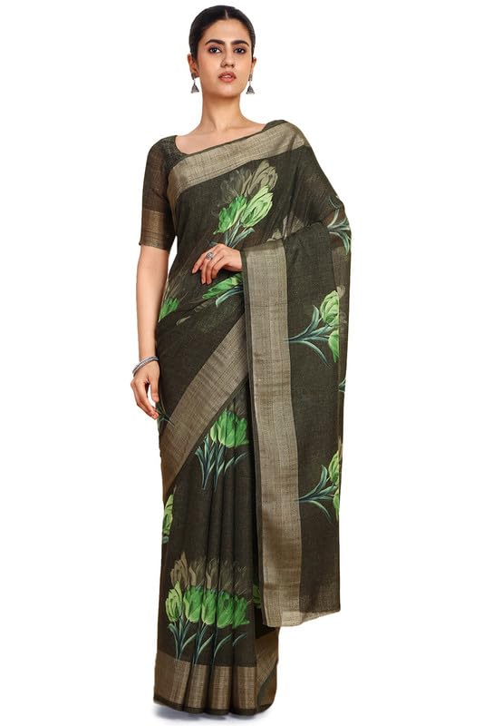 Soch Womens Green Linen Floral Print Saree