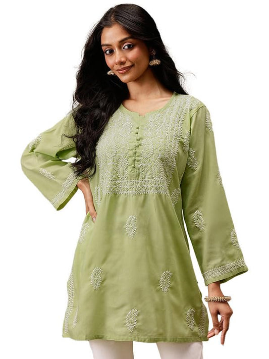 Ada Women Cotton Relaxed Fit Hand Embroidered Green Short Kurta Kurti Lucknow Chikankari Top Tunic A911461 (XS)