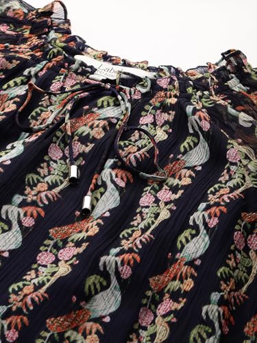 Label RITU KUMAR Round Neck Full Sleeves Printed Top with Inner Navy