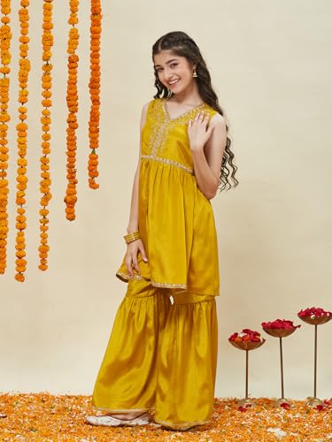 CURLY TALES ALPHA Girls Mustard Yellow Sharara Set with Sleeveless Embroidered Kurti | Traditional Indian Dress for Kids | Ethnic Festive Outfit with Gota Lace for Weddings & Celebrations