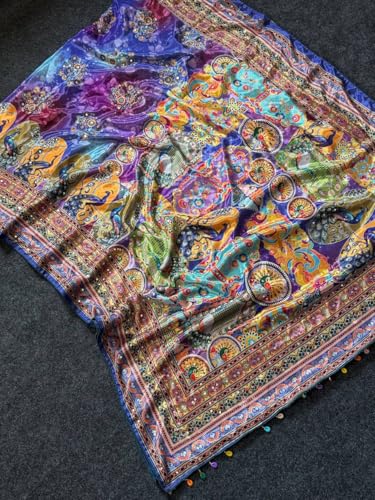 SHANTVAN GALLERY Ajrakh Sarees for Women Roman Silk Ajrakh Print Saree for Woman with Mirror Work Border Pallu & Kodi Latkan with Blouse Piece Designer Ethnic Wear