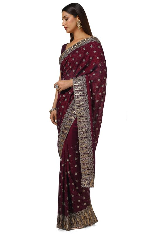 Soch Womens Maroon Tussar Embroidered Saree With Stone Work
