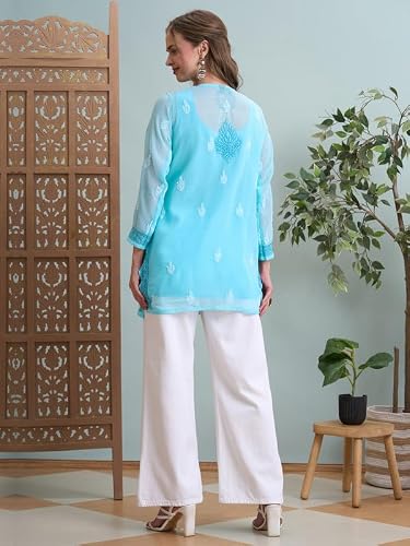Ada Hand Embroidered Lucknowi Chikankari Georgette Short Kurti Top Tunic for Women A911519 Blue (L)