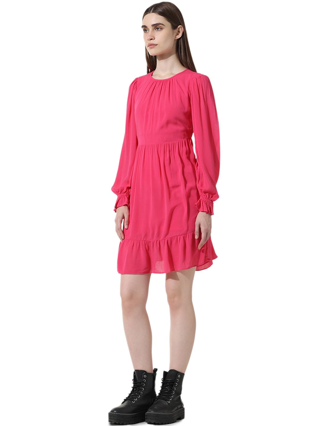 ONLY Women Solid Viscose Above Knee Pink Tiered Dress