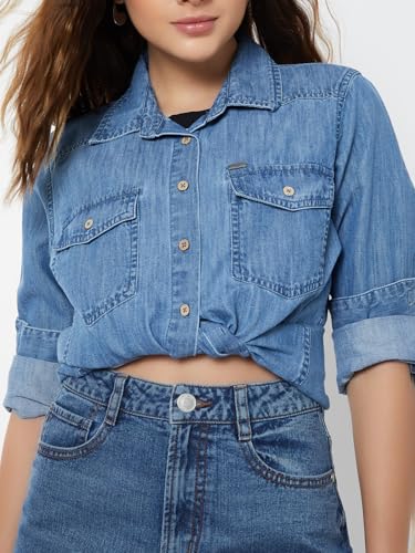 Max Women Washed Regular Fit Denim Shirt (Blue_S)