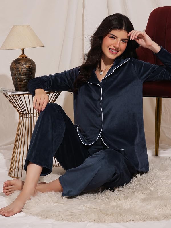 Clovia Women's Velour Button Down Shirt & Pyjama Set (LSW774G08_Navy Blue_S)