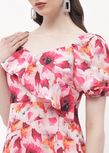 Madame Sweetheart Neck Hot Pink Floral Maxi Dress