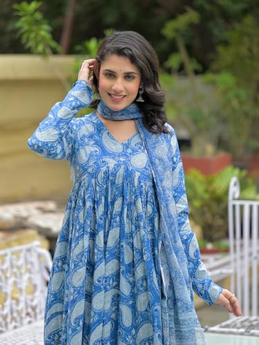 Divena Blue Cotton Paisley Printed Kurta Pant Set With Dupatta
