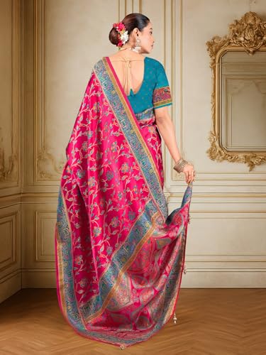 Glory Sarees Women’s Luxurious Dola Satin Pure Silk Original Saree Position Print Work Madhubani Inspired Motifs Banarasi Kanjivaram Style Saree With Blouse Piece (Elegant105_Pink)