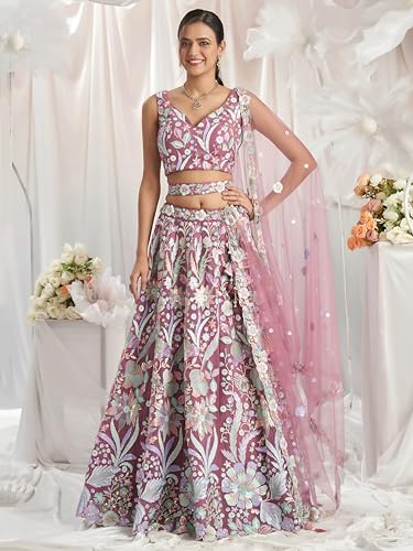 Zeel Clothing Women's Sequins Embroidered Work Soft Net Lehenga Choli With Dupatta (6020-Pink-Women-Lehenga-Choli-New; Free size)