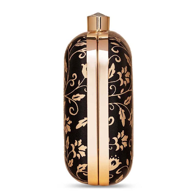 ZOUK Srinagar Garden Floral Printed Women's Mashru silk Black and Golden Clutch for iphone