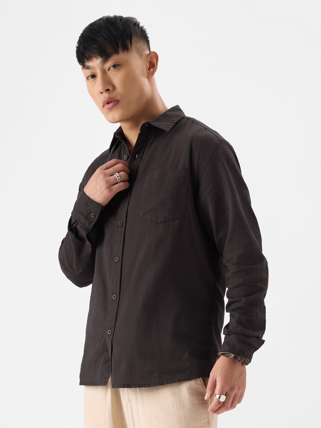 The Souled Store Grey Brown Men and Boys Long Sleeves Collared Neck Button Front Regular Fit Cotton Linen Shirts