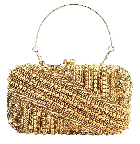 DUCHESS Golden Pearl Embellished Clutch for Women | Sequin & Beaded Party Purse | Elegant Wedding Handbag for Girls | Stylish Bridal Accessory | Designer Evening Bag for Festive Occasions