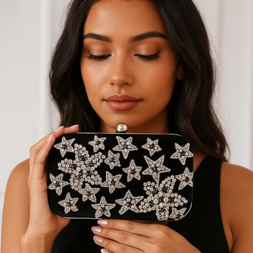 Amerie Fashions Women & Girls Embroidered Black-Silver Clutch Purse for Party Wedding