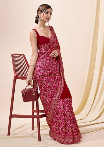 TRENDMALLS Women's Vichitra Silk Embroidery Work Saree with Unstitch Blouse Piece (K1088-Red)