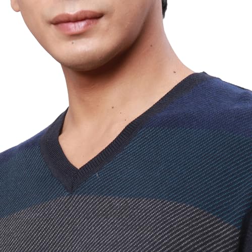 Park Avenue Men's Regular Fit Acrylic Wool Blend Full Sleeve V Neck Stripe Pattern Fancy Blue Casual Sweater (Size: XS)-PCWA00268-B9