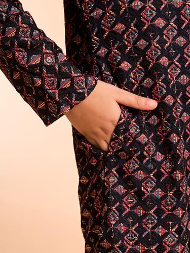 Manyavar Boys Viscose Thread Embroidery & Sequins Festive Kurta Pyjama Set (Black,8-10Y)