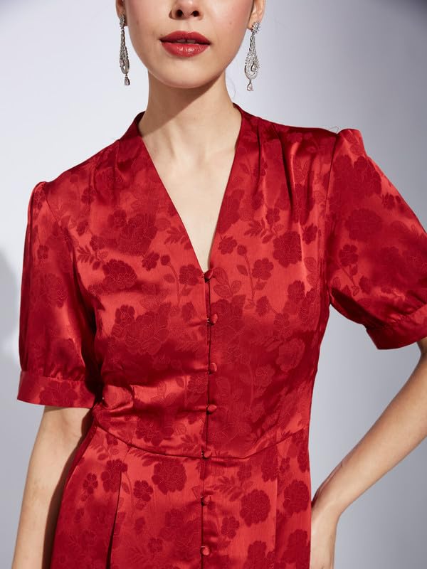 Latin Quarters Women Maroon V-Neck Half Sleeve Printed A-Line Dress_S