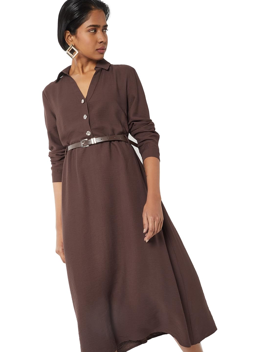 Max Women Solid Belted Shirt Dress (Brown_XXL)