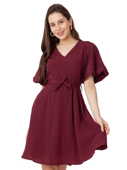 Zink London Women's Maroon Textured Regular Short Dress