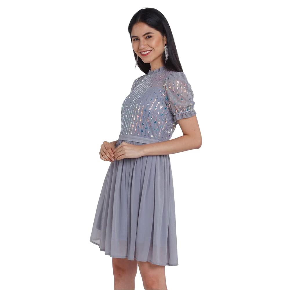 Zink London Women's Grey Embellished A-Line Short Dress