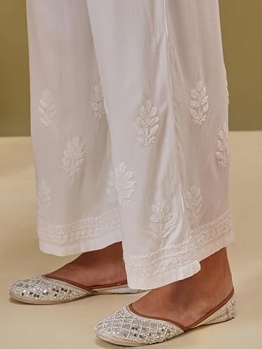 Ada Lucknowi Chikankari Hand Embroidered Rayon Wide Leg Pant Palazzo for Women A711200 White (S)