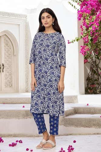W for Woman Blue Floral Block Print Straight Kurta with Straight Pant and Dupatta Set (WS13531-127098-M)