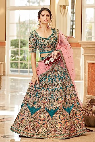 Zeel Clothing Teal Heavy Embroidered Velvet Semi-Stitched Lehenga Choli For Women (7419-Teal-Wedding-Bridal-Latest-New; Teal_Free Size)