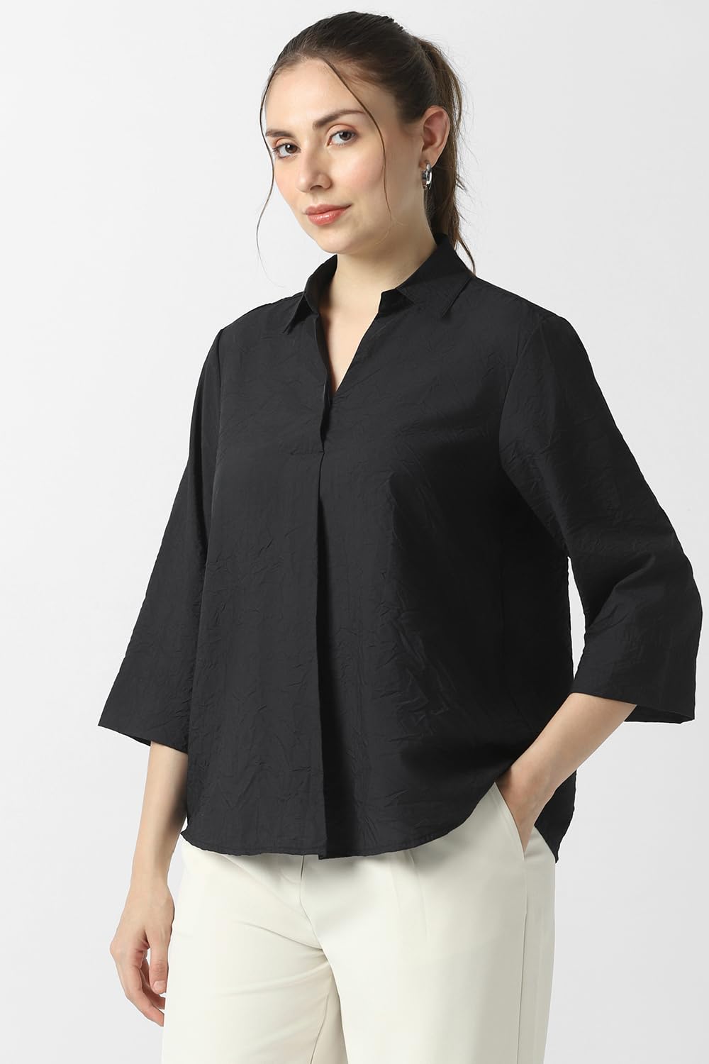 Women Black Solid Formal Stylized Neck Top