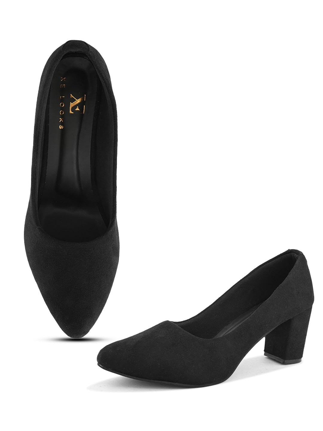 XE Looks Classic Black Pumps | Chic Suede Finish | Comfortable & Stylish Block Heel For Girls & Womens