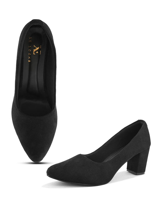 XE Looks Classic Black Pumps | Chic Suede Finish | Comfortable & Stylish Block Heel For Girls & Womens